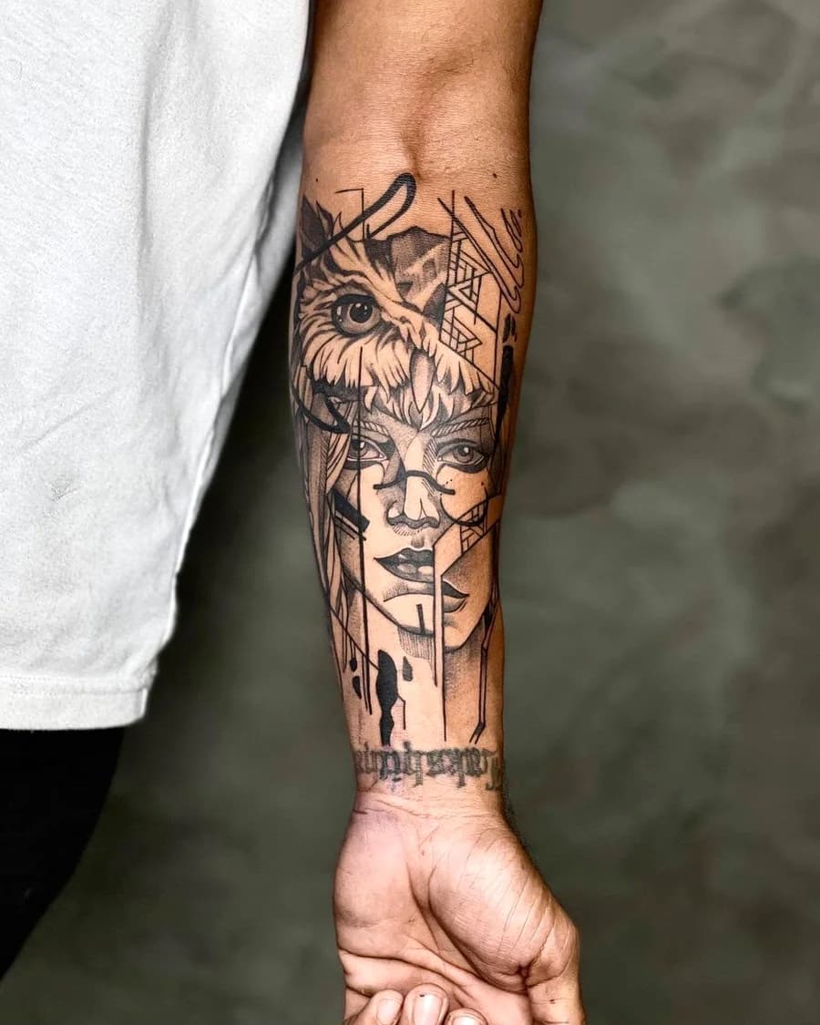 Geometric lion tattoo on forearm with dark background, Lotus Tattoo Studio Gurugram