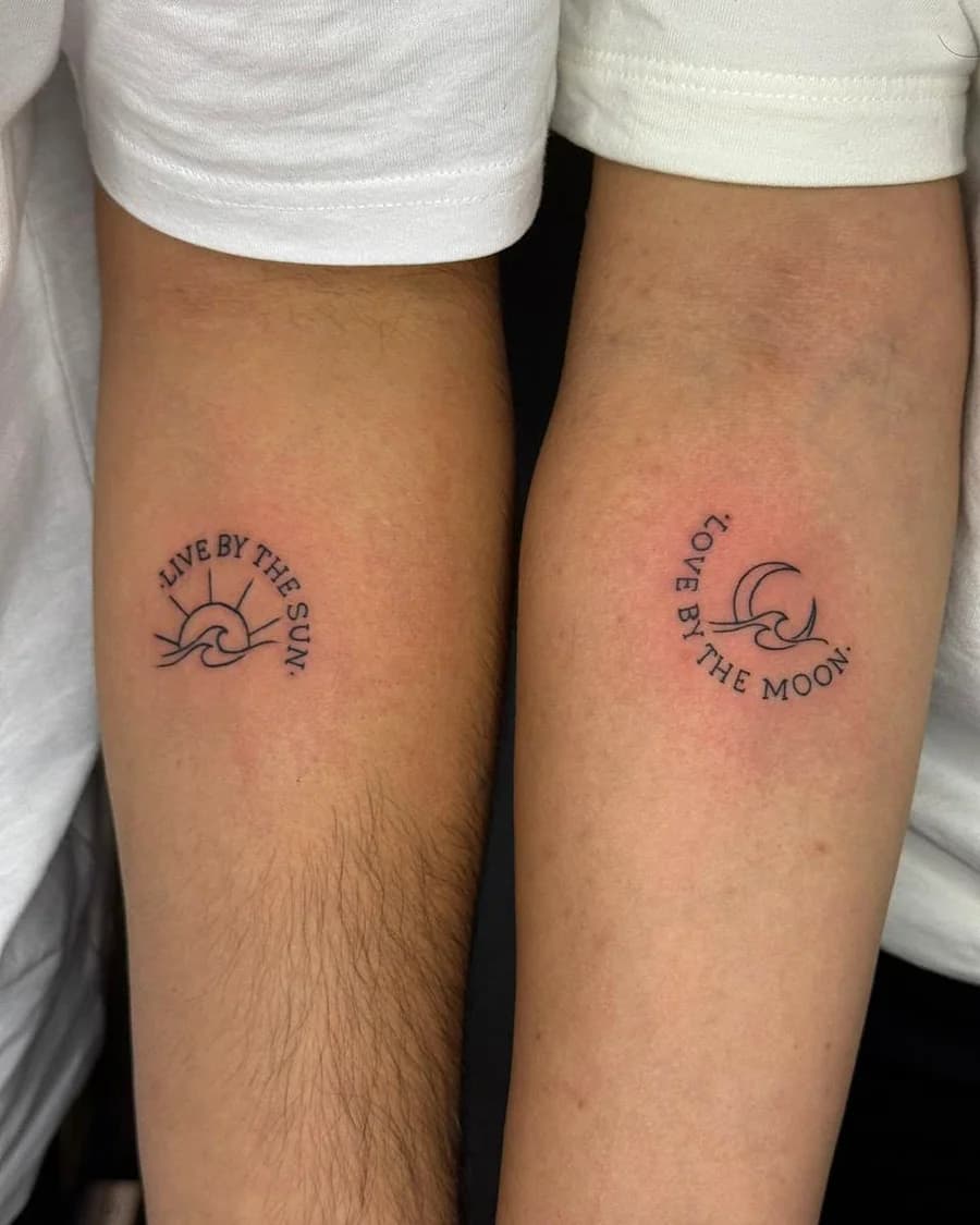 Matching sun and moon couple tattoos on both forearms, Lotus Tattoo Studio Gurugram