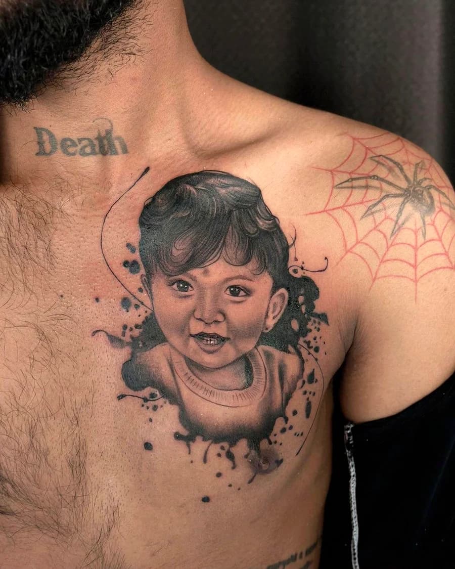 Realistic child portrait tattoo with ink-splash surround, Lotus Tattoo Studio Gurugram
